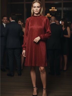 Nina Leonard Metallic Red Long-Sleeve Shift Dress